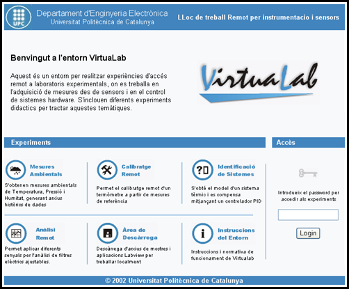 VirtuaLab. Pantalla de l'entorn web.